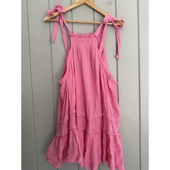 Free People Sachet Pink Fleur Cotton Gauze Tie Strap Tunic Mini Dress S Small - Picture 3 of 5